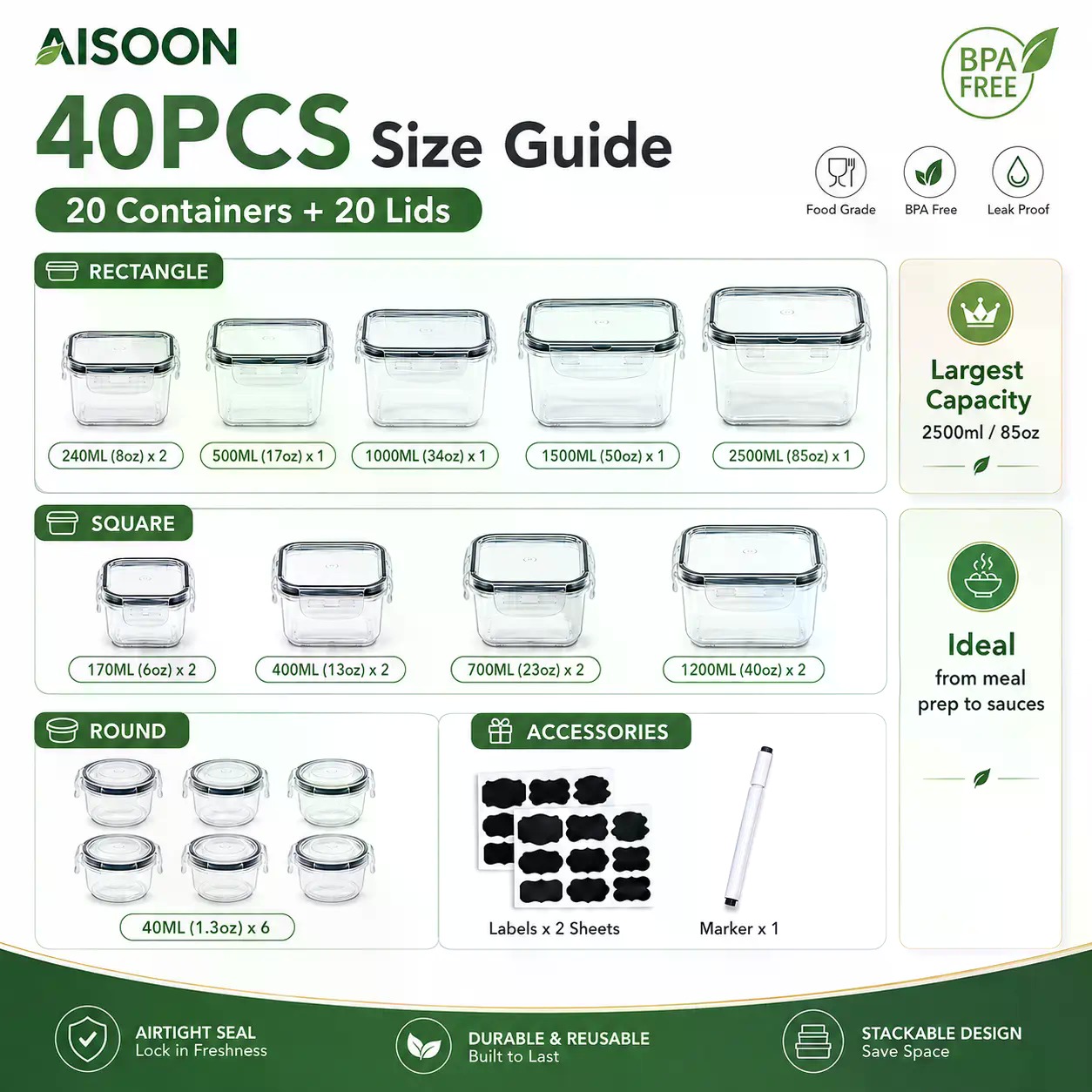 40개입 초대형 85oz 실리콘 밀폐 식품 보관 용기  - Food Storage Label 리뷰 및 가격