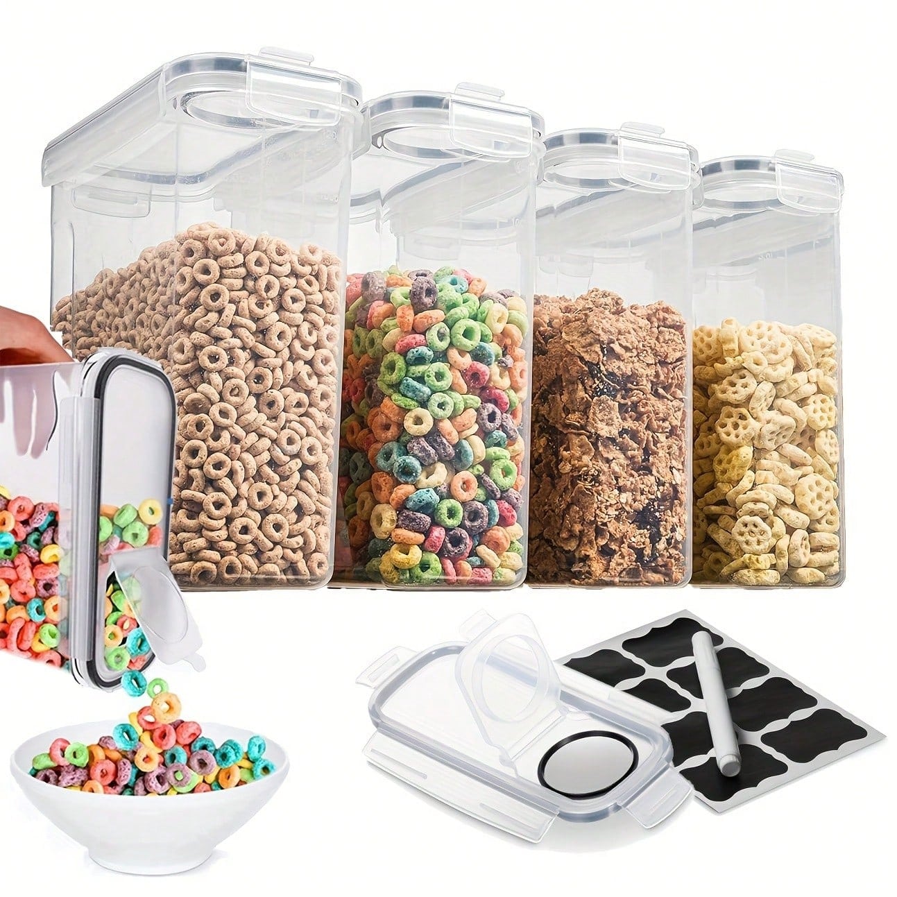 밀폐식 뚜껑이 있는 식품 보관 용기 4개 세트, 시리얼 - Food Storage Labels 리뷰 및 가격